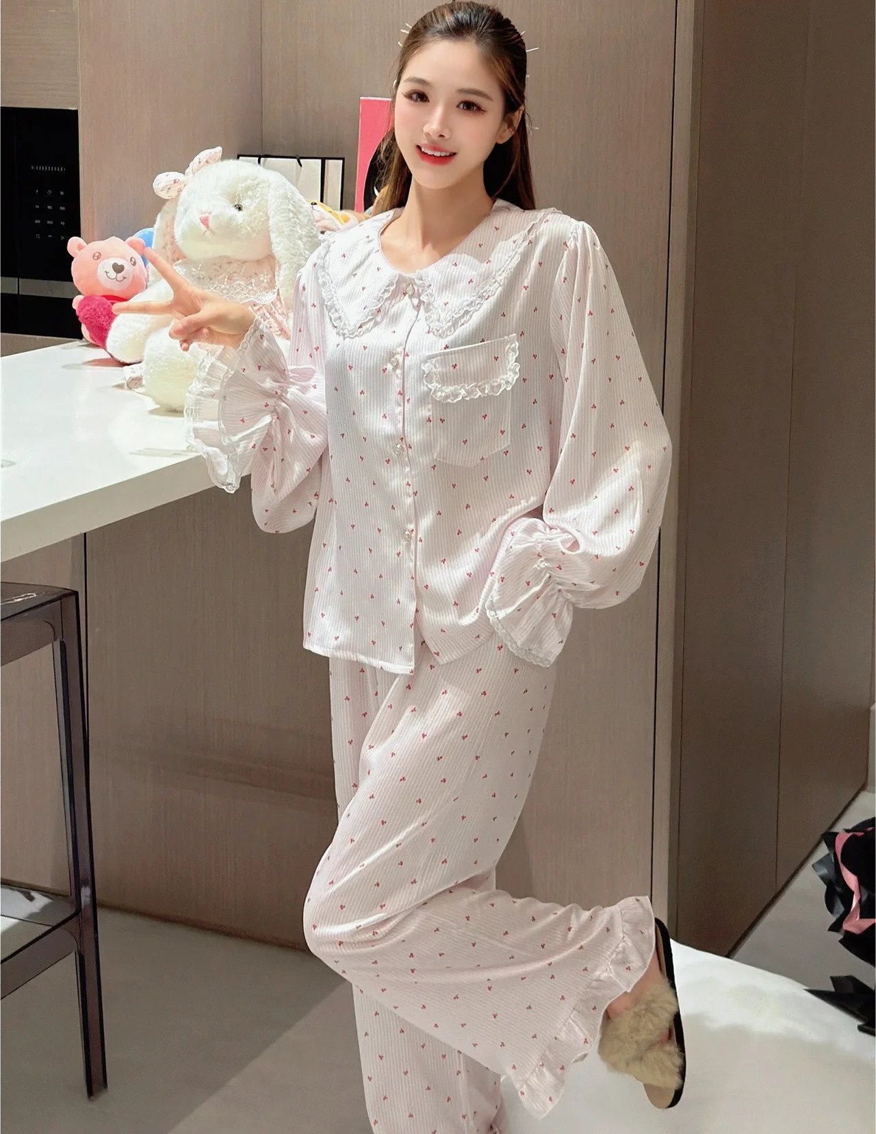 Spring  Autumn Love Doll Collar Sweet Skin friendly Lace Ice Silk Pajama Women's Long Sleeve Pants Set Floral Stripe Loose Set