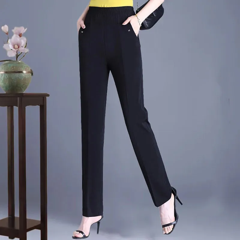 Middle Age And Elderly People Mom Pants Summer Female High Waistline Elasticity Elastic Pant Mom Nine Branch Straight Leg Pants