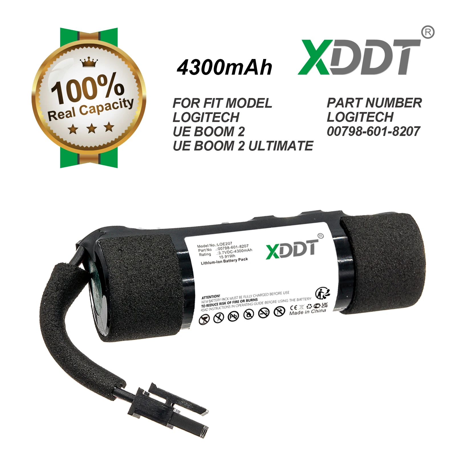 XDDT Battery for Logitech UE Boom 1/2 UE Boom 2 Ultimate UE Boom 3, Fits 00798-601-8207, Li-ion 3.6V 4300mAh / 15.91Wh