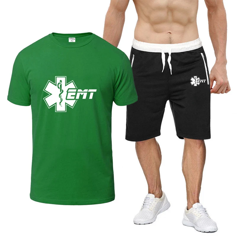 

2024 Men New EMT Emergency Ambulance Eight-color Short-sleeved Comfortable and Casual Fashion T-shirt+Shorts Printing Suit
