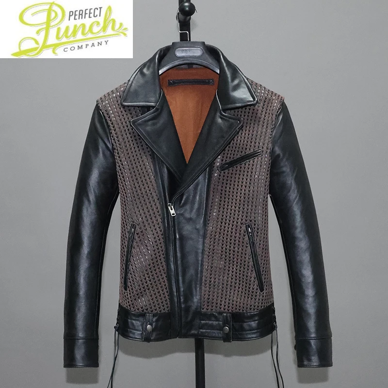 

Weaving Real Leather Jacket Men Clothes Chic Cowhide Leather Coat Slim Short Lapel Motorcycle Casual Jacket for Men Men's Jacket