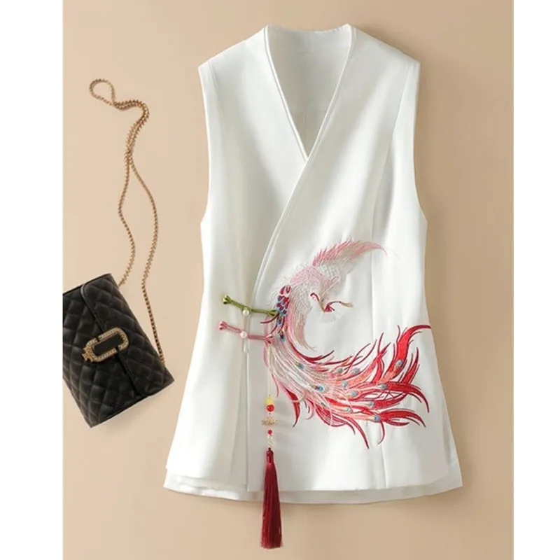 Temperament National Wind Vest Female Spring White Vest 2024 Heavy Industry Phoenix Embroidery Chinese-Style Waistcoat Female