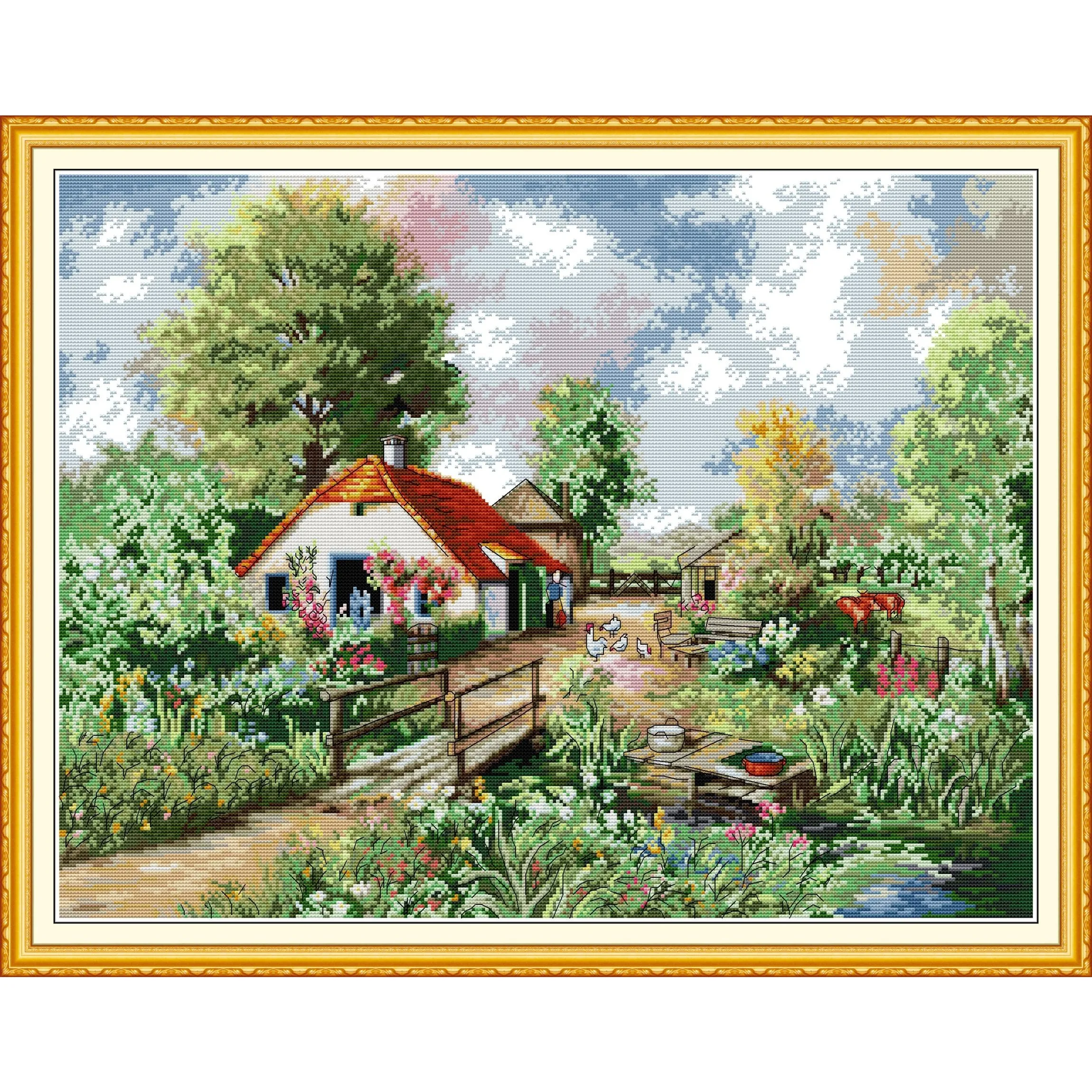 

Joy Sunday-Pre-printed Cross Stitch Kit, DIY Easy Pattern, Aida 14, 11CT Stamped Fabric Embroidery Set-Country Cottage 9