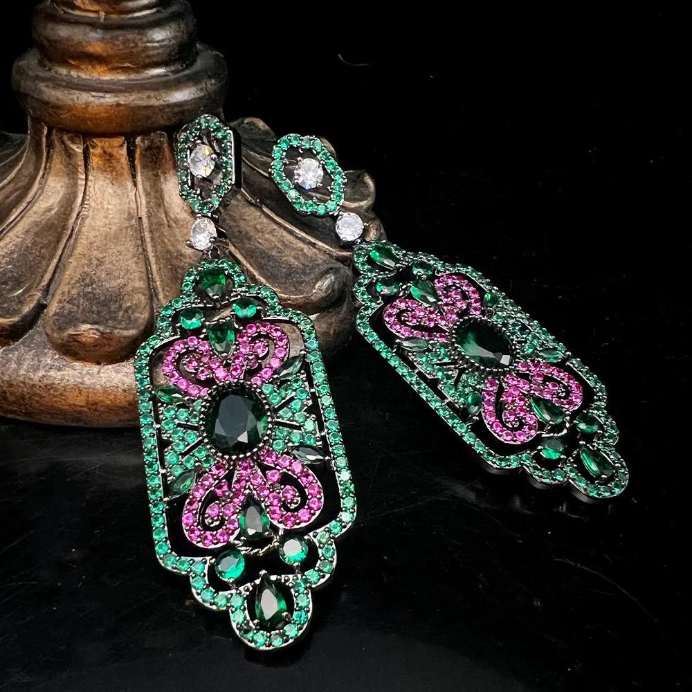 

Vintage Dangle Earrings Long Drop Statement Jewelry with Green Pink Crystals Elegant Party Earrings for Women Fashion Gift