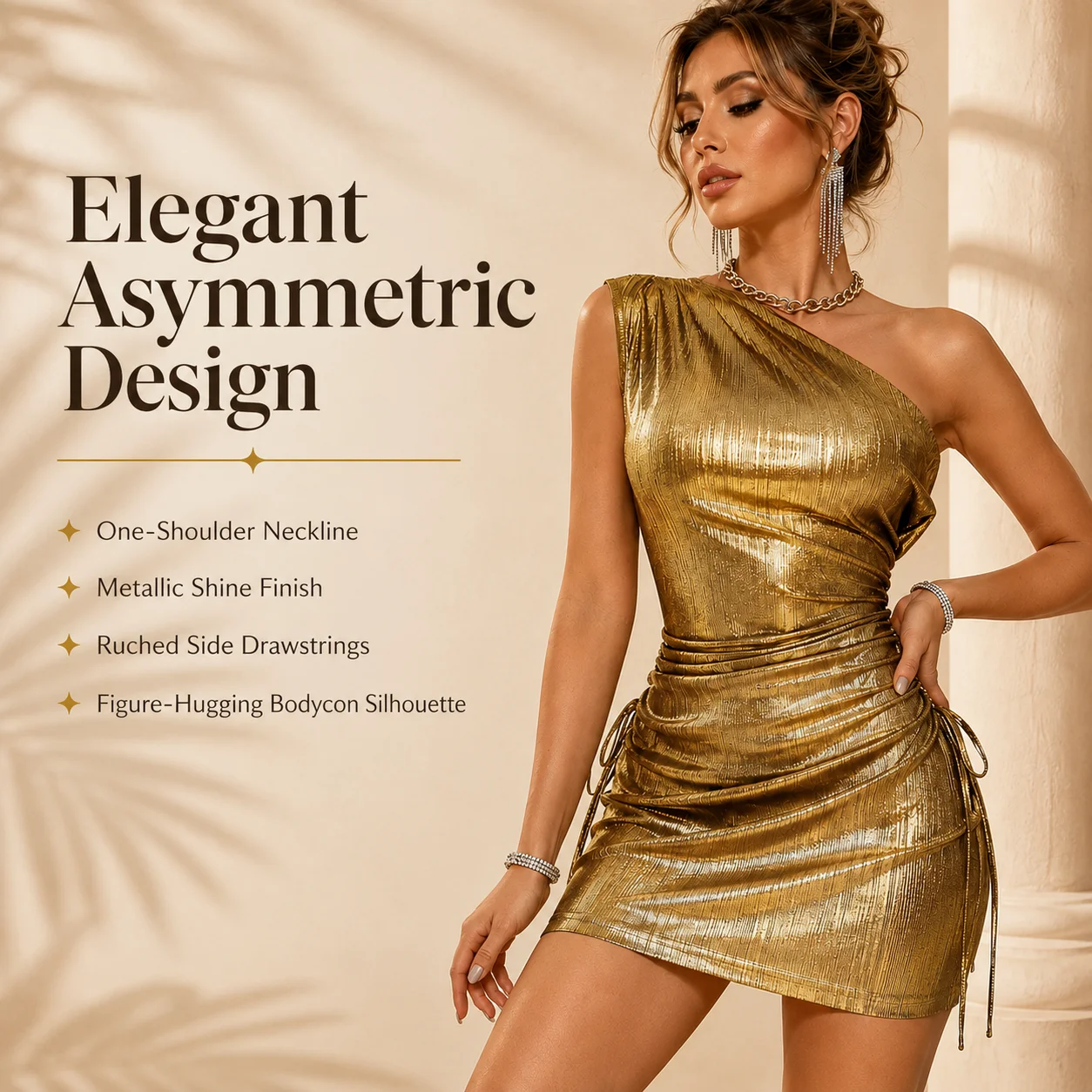 Women's Metallic One Shoulder Ruched Bodycon Mini Dress High Waist Drawstring Party Club Night Out Dress