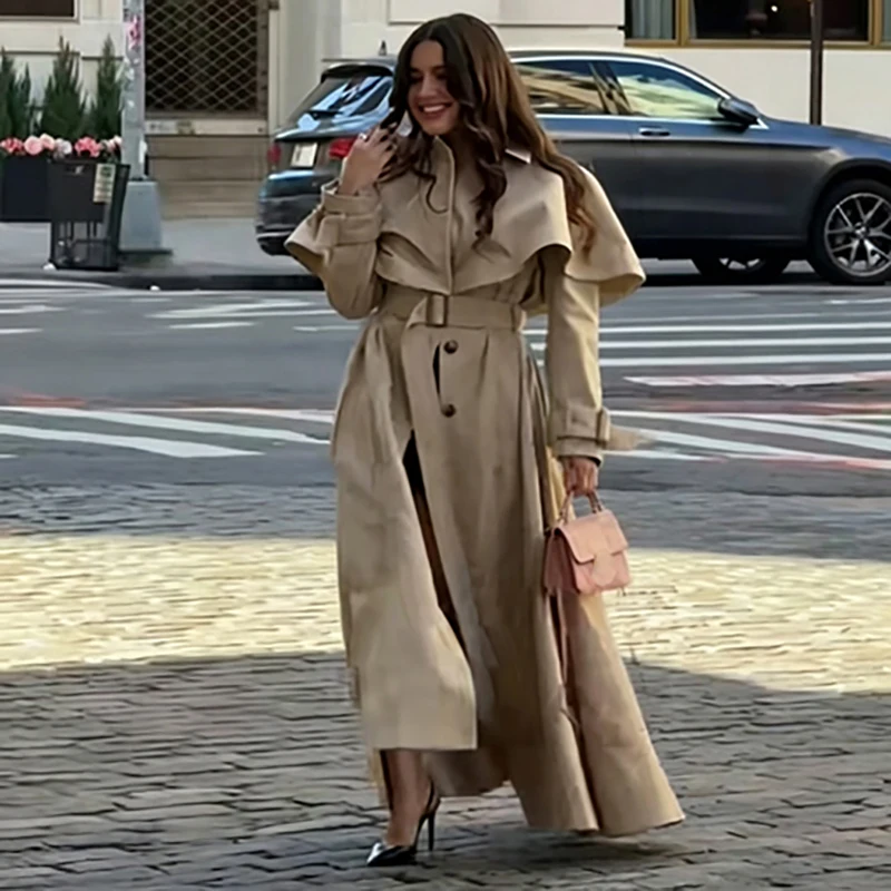 Fashion Khaki Women Long Trench Coat Elegant Cape Shoulder Design Belted Waist Big Swing Jacket Autumn Lady Daily Streetwear