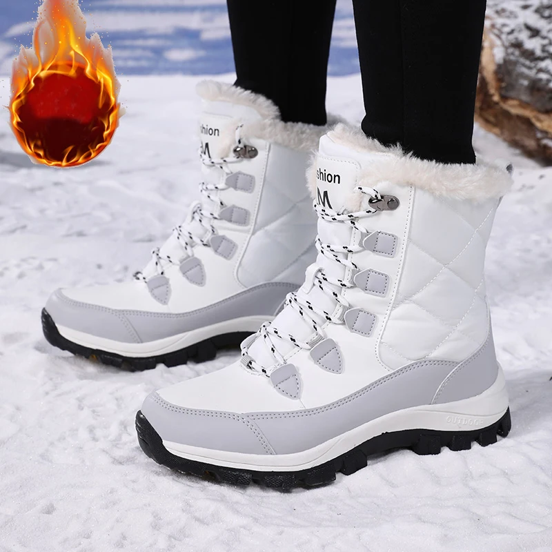 Damen-Schneestiefel, einfache Winter-warme Outdoor-Wanderschuhe, Damen-Stiefel mit mittlerem Absatz