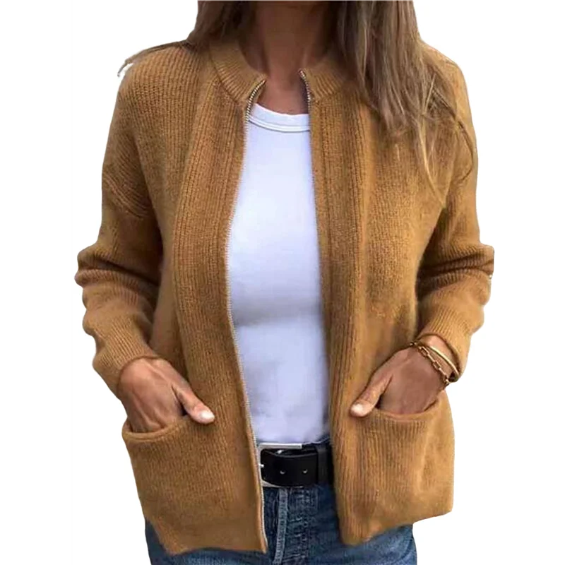 

Women's Zip Up Knit Cardigan Long Sleeve Stand Collar Sweater Outwear Coat With Pockets