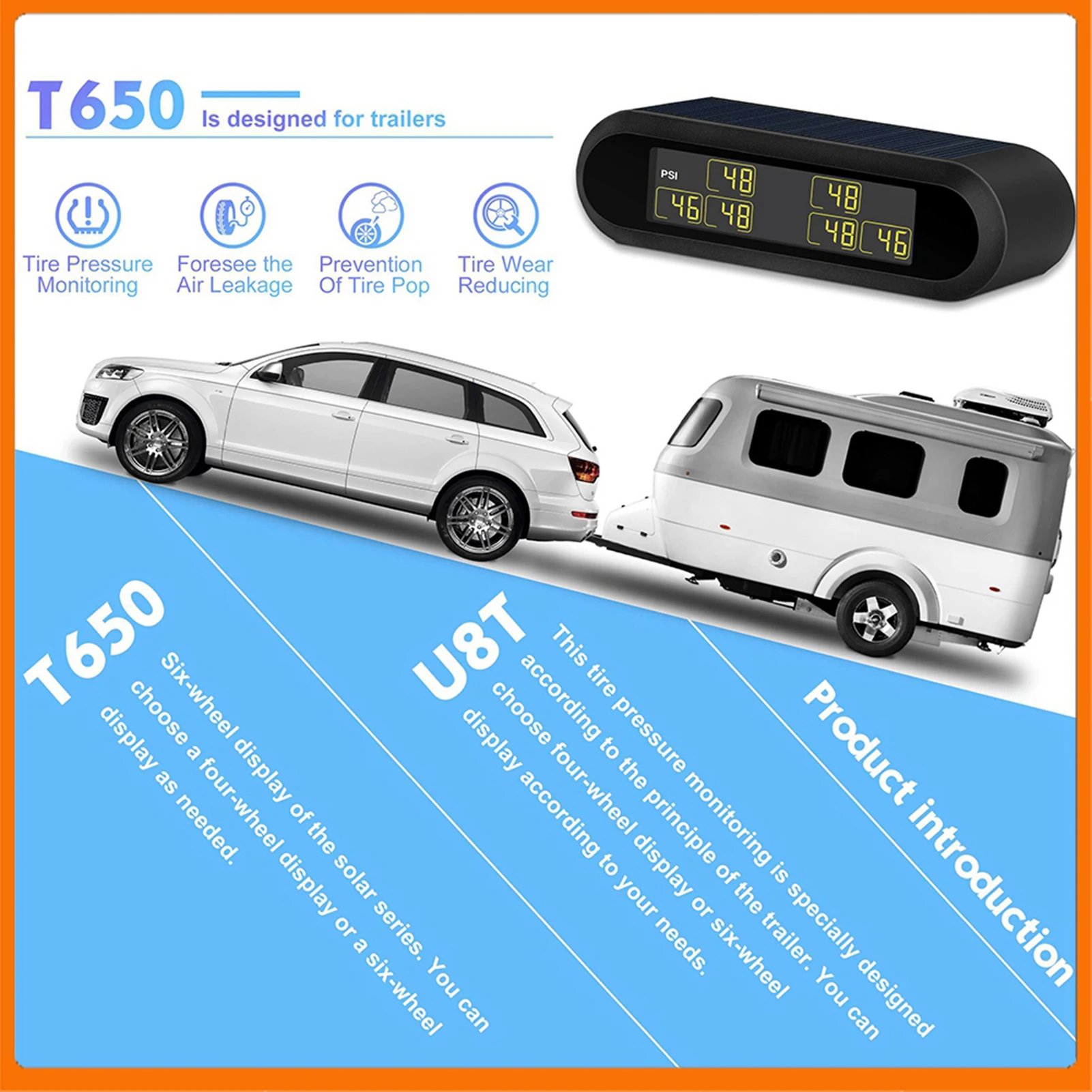 

Car Tire Pressure Monitor Wireless Solar TPMS Tire Pressure Monitoring System LCD Monitor Alarm with 6 External Sensors Car TMPS