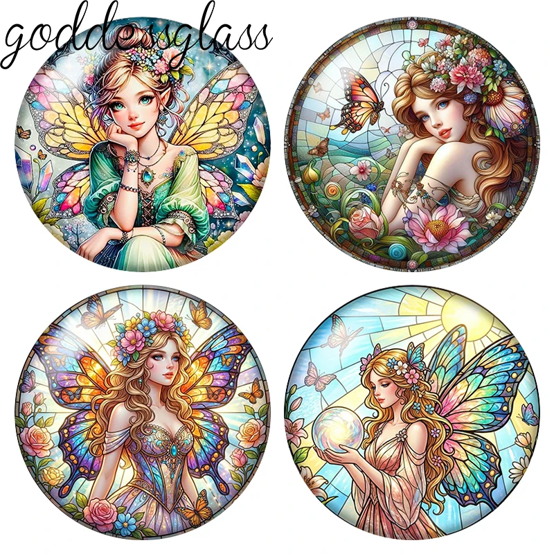 Beauty Fairy Girl Butterfly Wings mirror 10pcs 12mm/18mm/20mm/25mm Round photo glass cabochon flat back Making findings Jewelry
