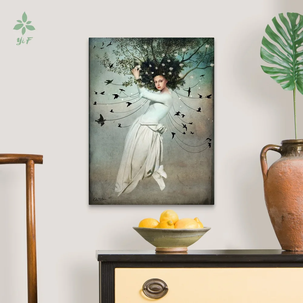 Branch Bird Girl Fantasy Art Come Fly With Me Wall Art Oil Painting Print On Canvas Artwork Indoor Decoration