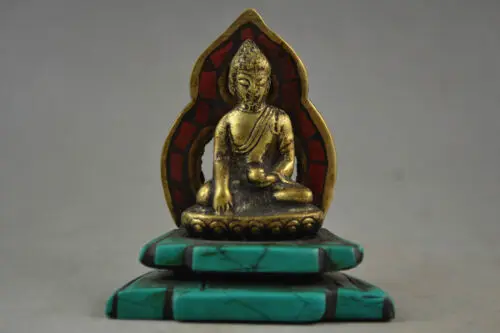 

Rare Old Copper & Turquoise Carving A Tibet Buddha Prayer Peace Showily Statue