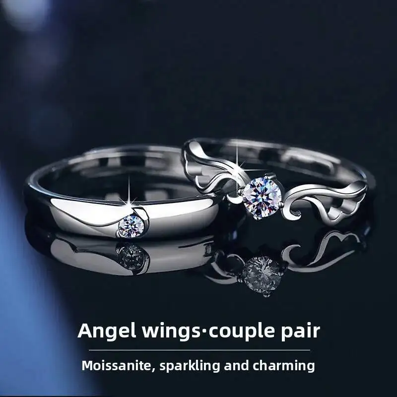 JoiasHome S925 Sterling Silber Engelsflügel Paarringe 4mm 5mm Moissanit Verstellbarer Ehering für Ihn und Sie