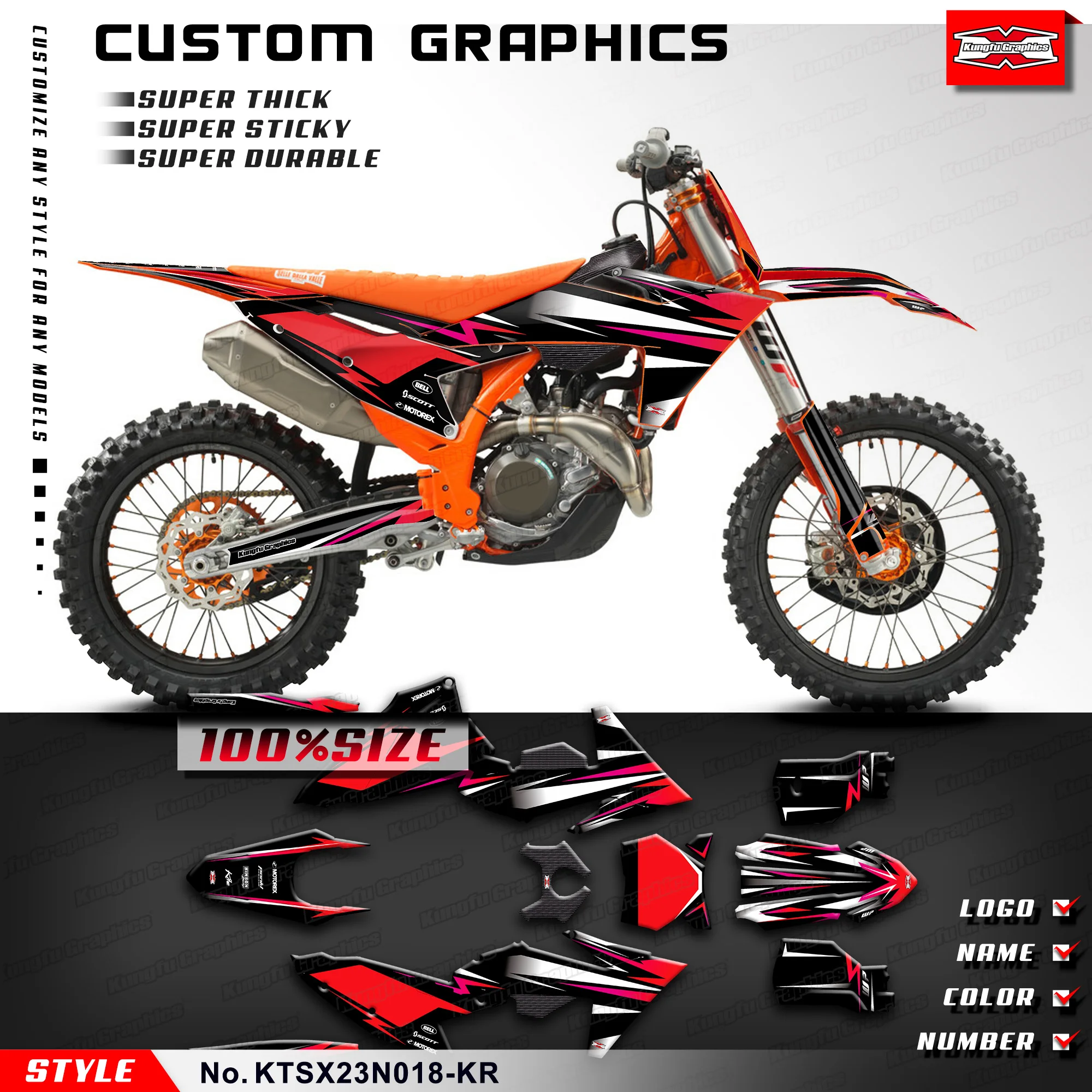 KUNGFU GRAPHICS MX Stickers Enduro Vinyl Wrap for KTM 125 300 SX XC 250 350 450 SX-F XC-F 2023 2024, Protector, KTSX23N018-KR