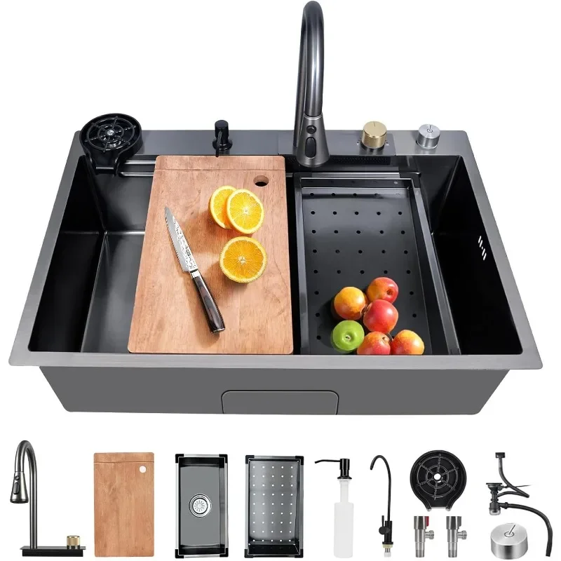 Waterfall Kitchen Sink, Single Bowl Stainless Steel Kitchen Sink, Drop-in Kitchen Sink with Multifunction Pull-out Faucet