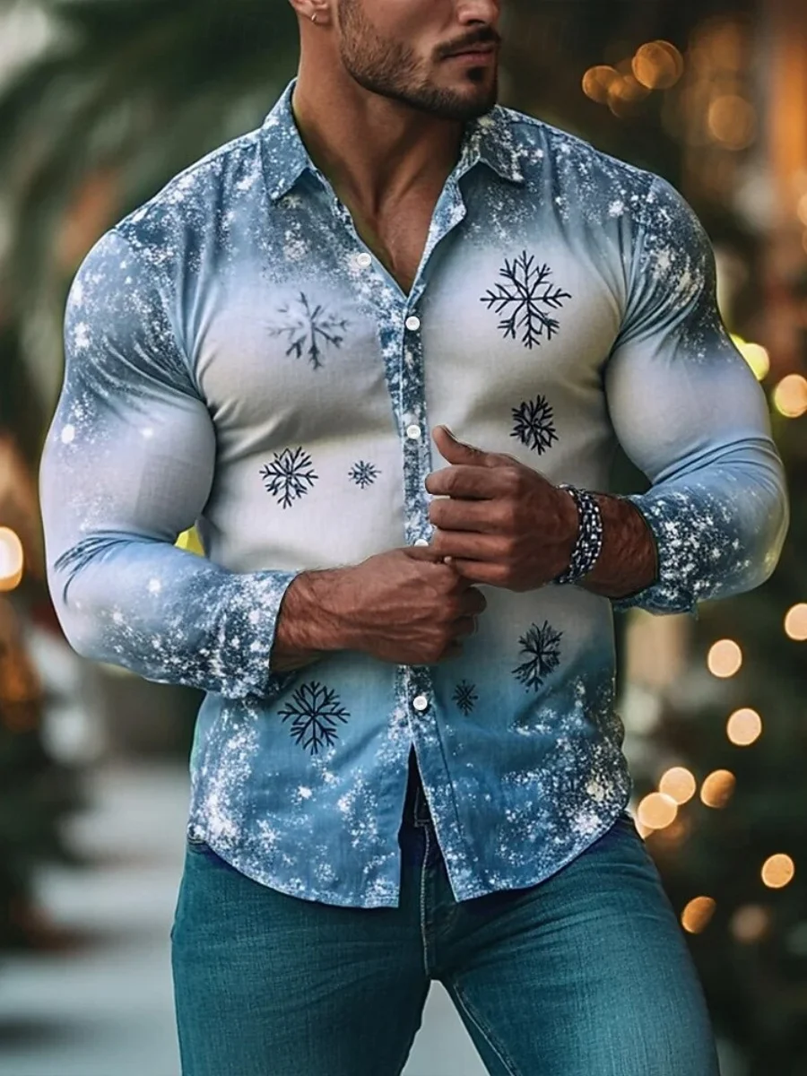 

Men's loose button-down shirt with long sleeves, featuring a Christmas theme, is comfortable and soft, with high-definition prin