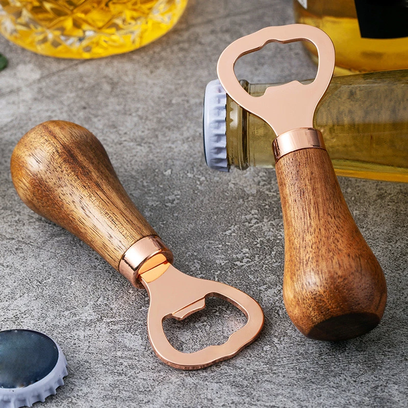 Abridor de botellas de cerveza, arrancador de vino de madera de Acacia, abridor de botellas de acero inoxidable con mango de madera maciza para Barras del hogar, 1 Uds.