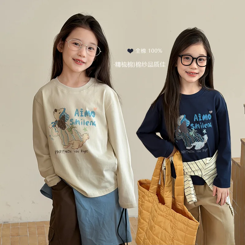 Children's New Style Girls' Vintage Hand-painted Dog Letter Print Base Shirt, Loose and Casual Long-sleeved T-shirt