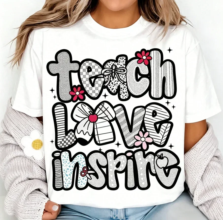 2026 New Arrival Women Crew Neck Short Sleeve Teacher Tee Teach Love Inspire Graphic Print Soft Breathable Casual Top Educator Gift Daily Wear Basic Top T-Shirt