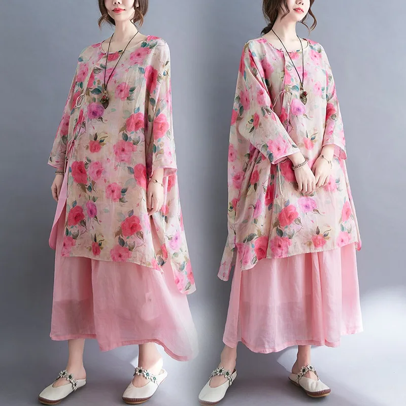 

Свободный крой, круглый вырез, длинный рукав, китайский стиль, летняя хлопково-льняная повседневная удобная блузка для женщин больших размеров