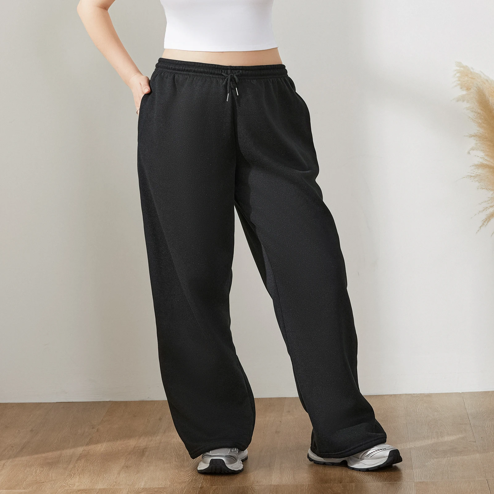 Women s Causal Trouser Drawstring High Waist Jogger Pants Baggy Straight Wide Leg Sweatpants with Pockets