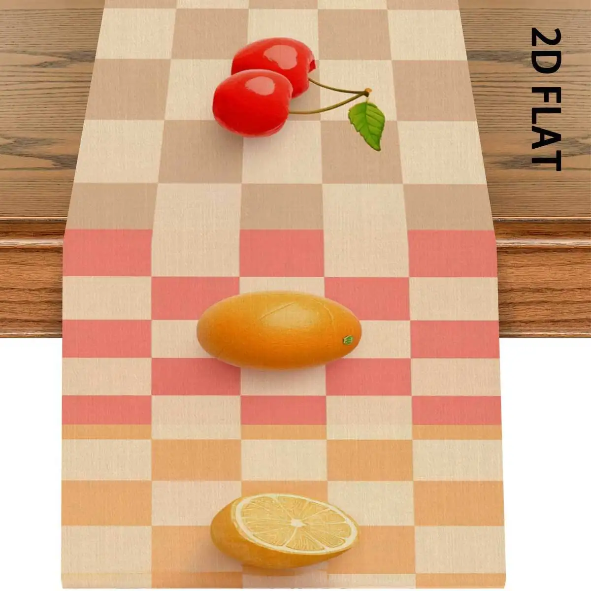 1 Piece of Orange-Pink Plaid Gradient Table Runner with Lemon, Orange, and Cherry Patterns, Suitable for Farmhouse, Indoor, Kitchen, Celebrations, Table Decoration, Restaurant, and Banquet Decoration Supplies