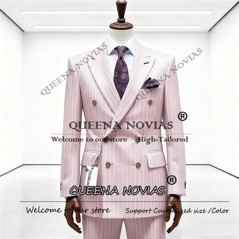 クラシックな縦縞柄の新郎用ウェディングスーツ、2ピースセット、ダブルブレストジャケットとパンツ、カスタムメイドの男性用エレガントなスーツ