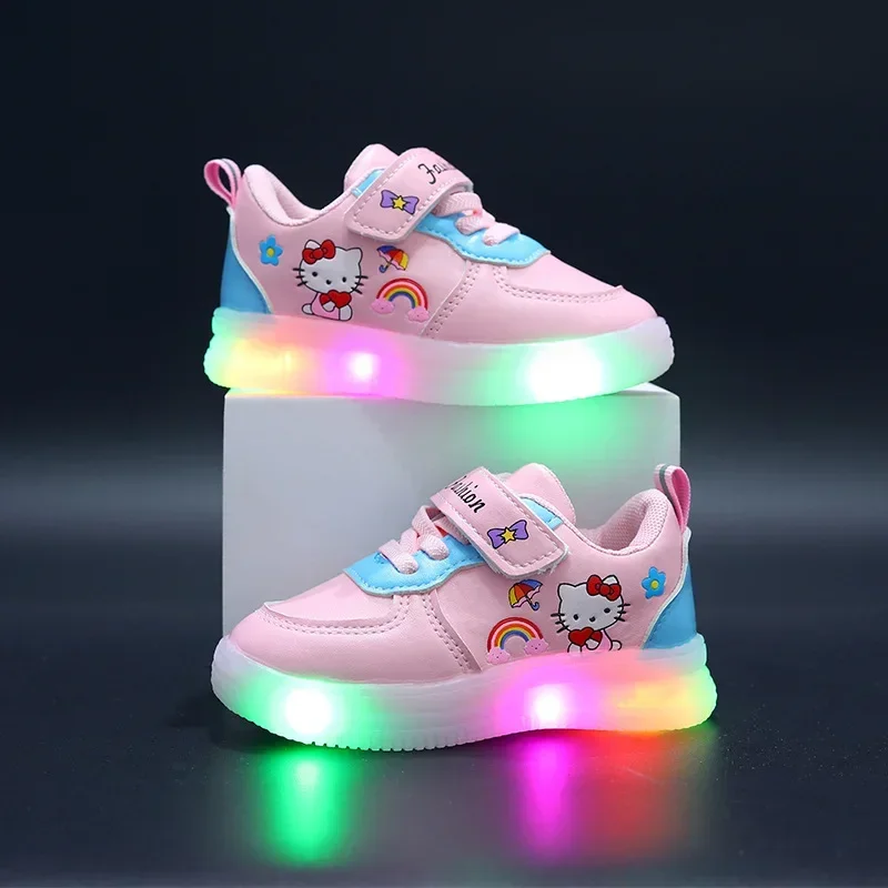 

LED Kids Shoes for Girls Cute Cartoon Hello Kitty Shoes Baby Girl Kawaii Canvas Shoes Soft Bottom Sneakers Casual Shoes