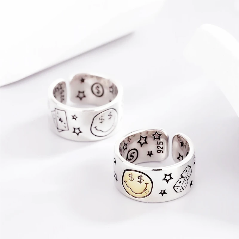 WYEAIIR 925 Sterling Silver Cute Smiley Stars Poker Fine Jewelry Luxury Resizable Opening Female Ring