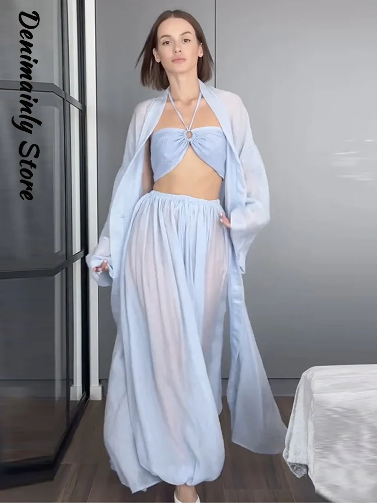 

Boho Women's Sheer 3 Piece Set Halter Bralette Flowy Pants Kimono Robe 2026 Spring Summer Lady Vacation Solid Outfits New