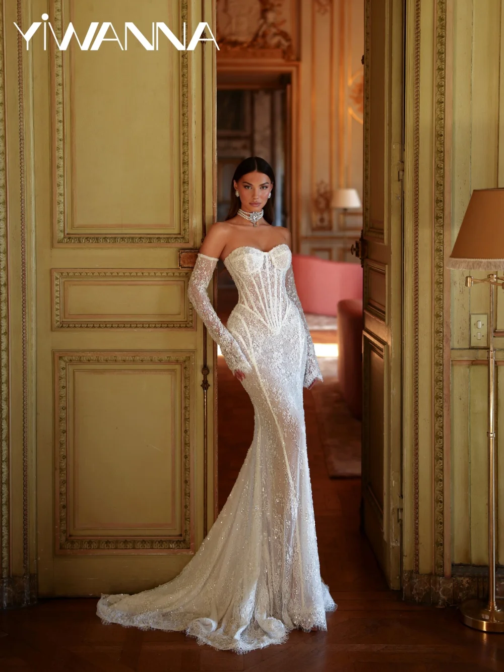 

Shimmering Beaded Lace Wedding Dress Detachable Sleeve Strapless Long Bridal Gown Customized Graceful Mermaid Dresses For Bride
