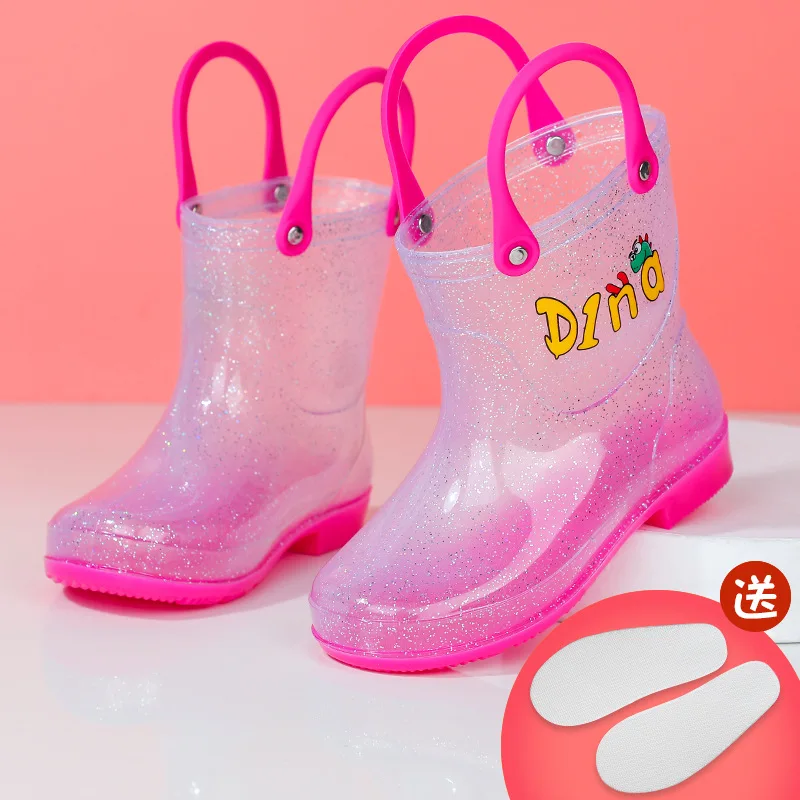 Unisex Children Shoe Waterproof Rain Boots with Easy Pull on Handles Perfect Lightweight Boots for Kids Transparent Rubber Boots