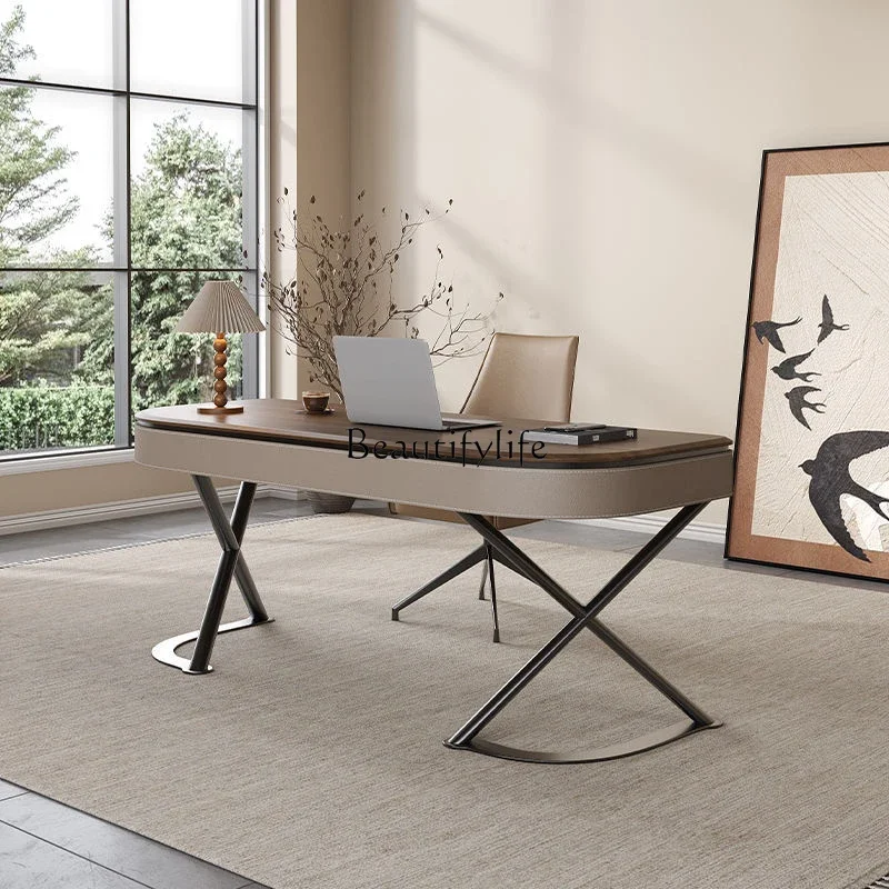 

yj32 High-end solid wood desk light luxury modern simple saddle leather walnut leather office computer desk