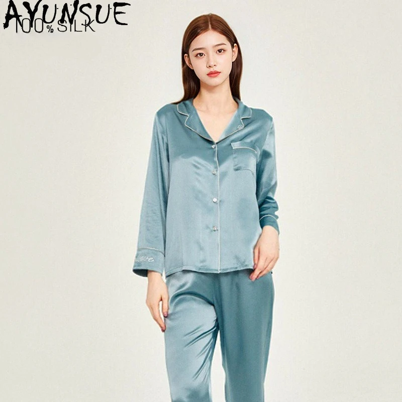 

AYUNSUE 100% шелковая одежда для сна, женская одежда, летние пижамные комплекты, 19 мм, шелковые повседневные брюки, топы, комплект из двух предметов Пижама Женская