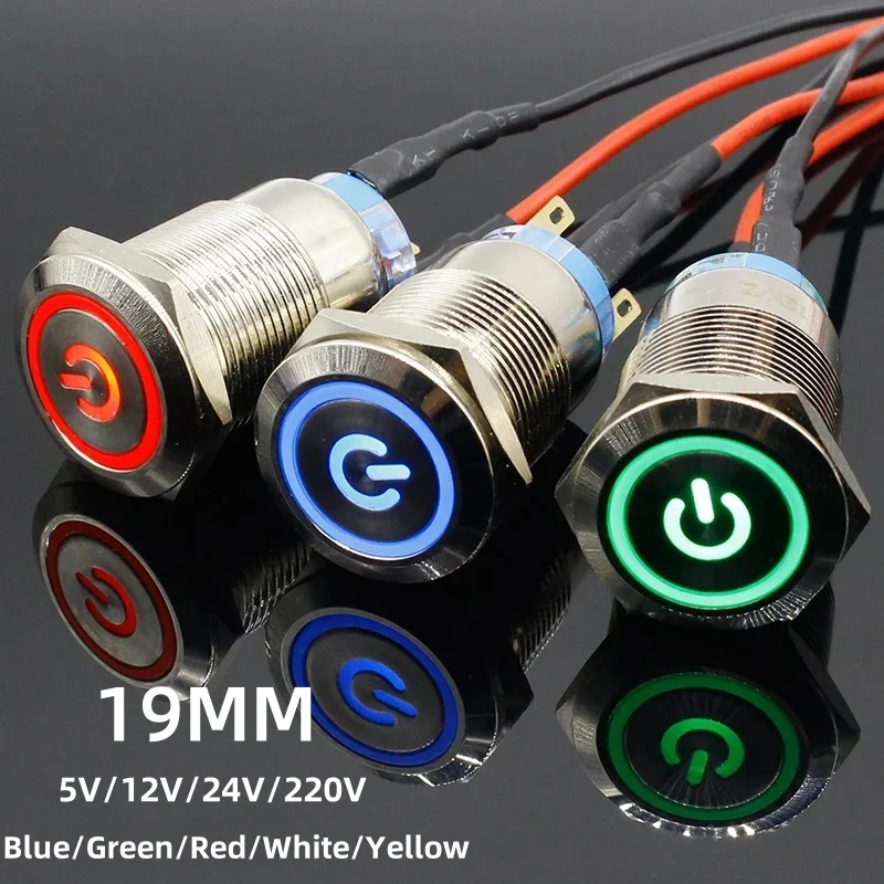 19mm Momentary Latching Metal Push Button On Off Switch Power LED Light Waterproof Flat Circular Button 5V 12V 24V 220V IP65