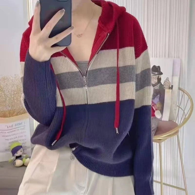 Korean Fashion Autumn New Sweaters Women\'s Hooded Striped Contrast Color Double Zipper Elegant Long Sleeve Cardigan Knitted Tops