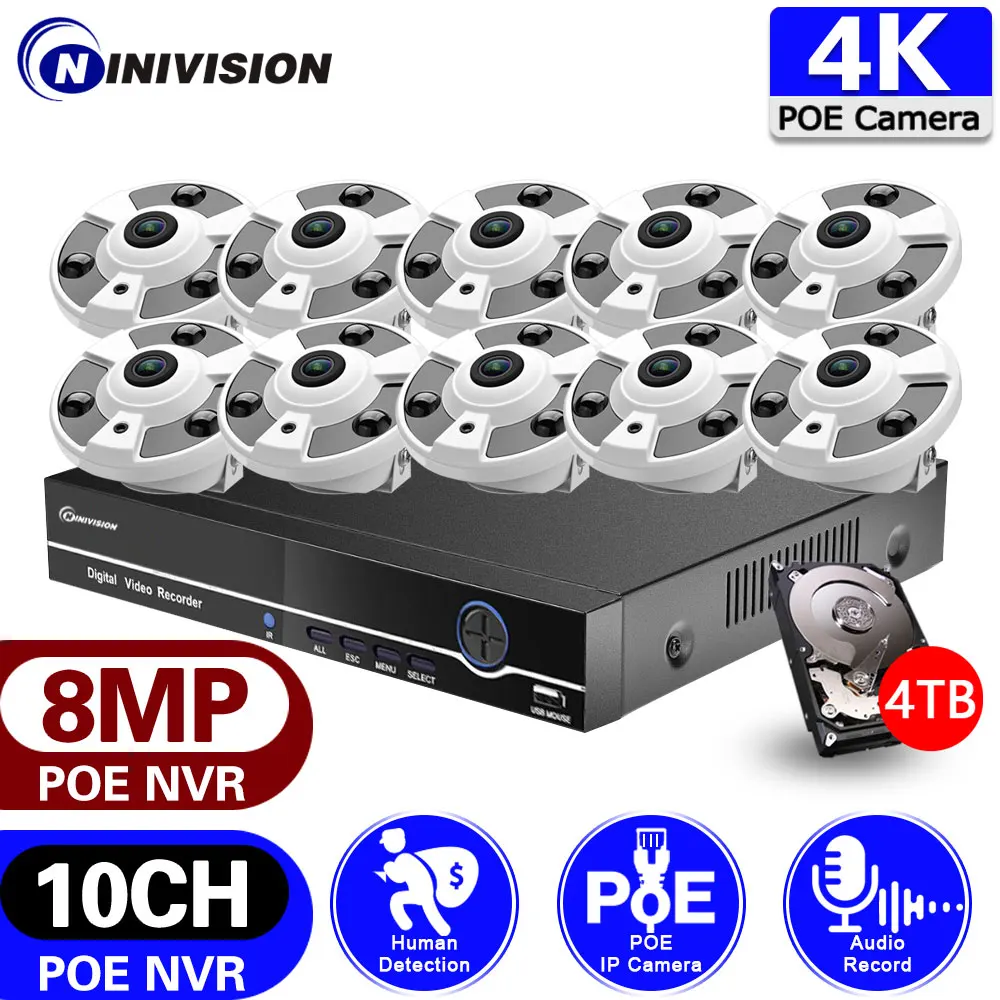 

4K 8MP 10CH CCTV Fisheye Monitoring Camera System P2P 8CH POE NVR Kit Indoor Home IP Panoramic Dome Surveillance Camera System