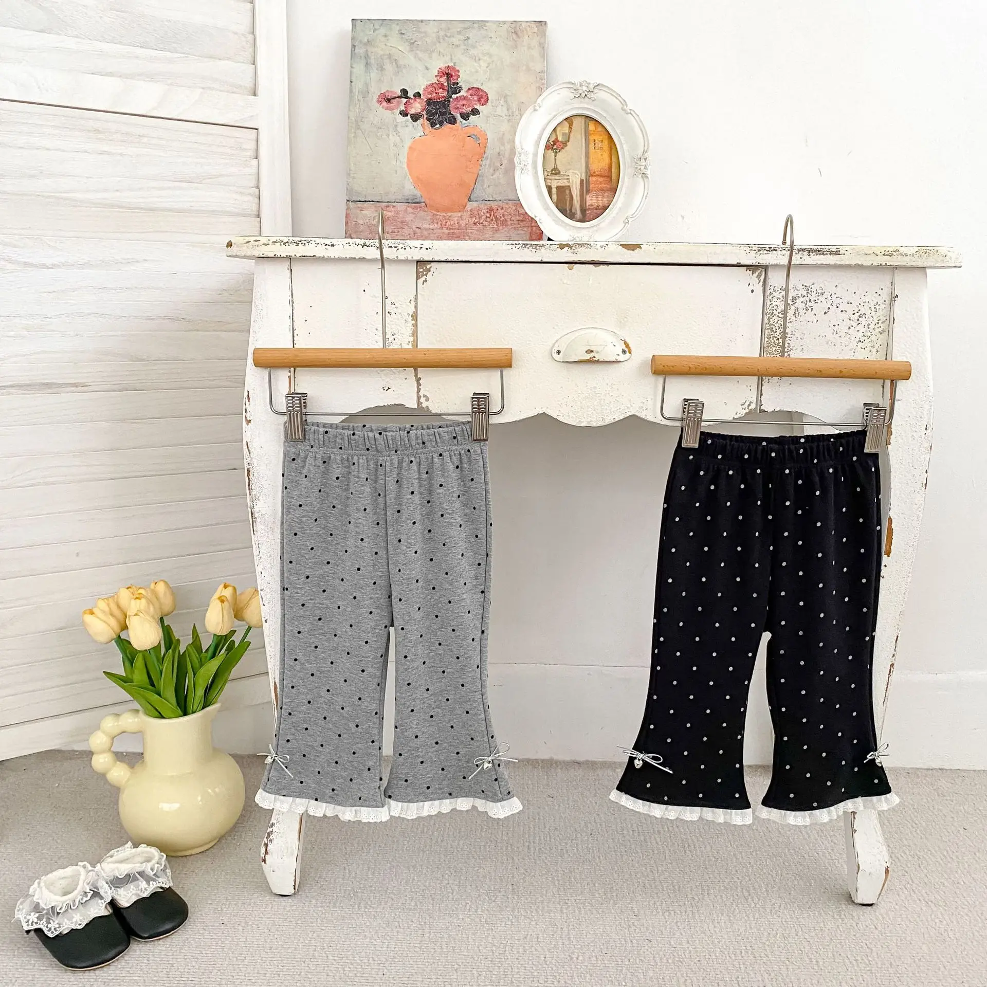 2026 Autumn New Girls Dot Flare Pants Cute Baby Girl Bow Lace Trousers Children Casual Pants Kids Leggings Girls Clothes