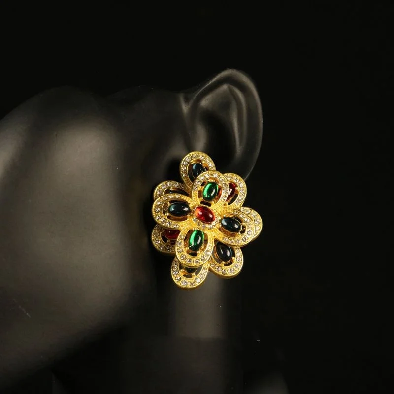 Inlaid with double flowers colored glass inlaid earrings with temperament light luxury heavy industry accessories