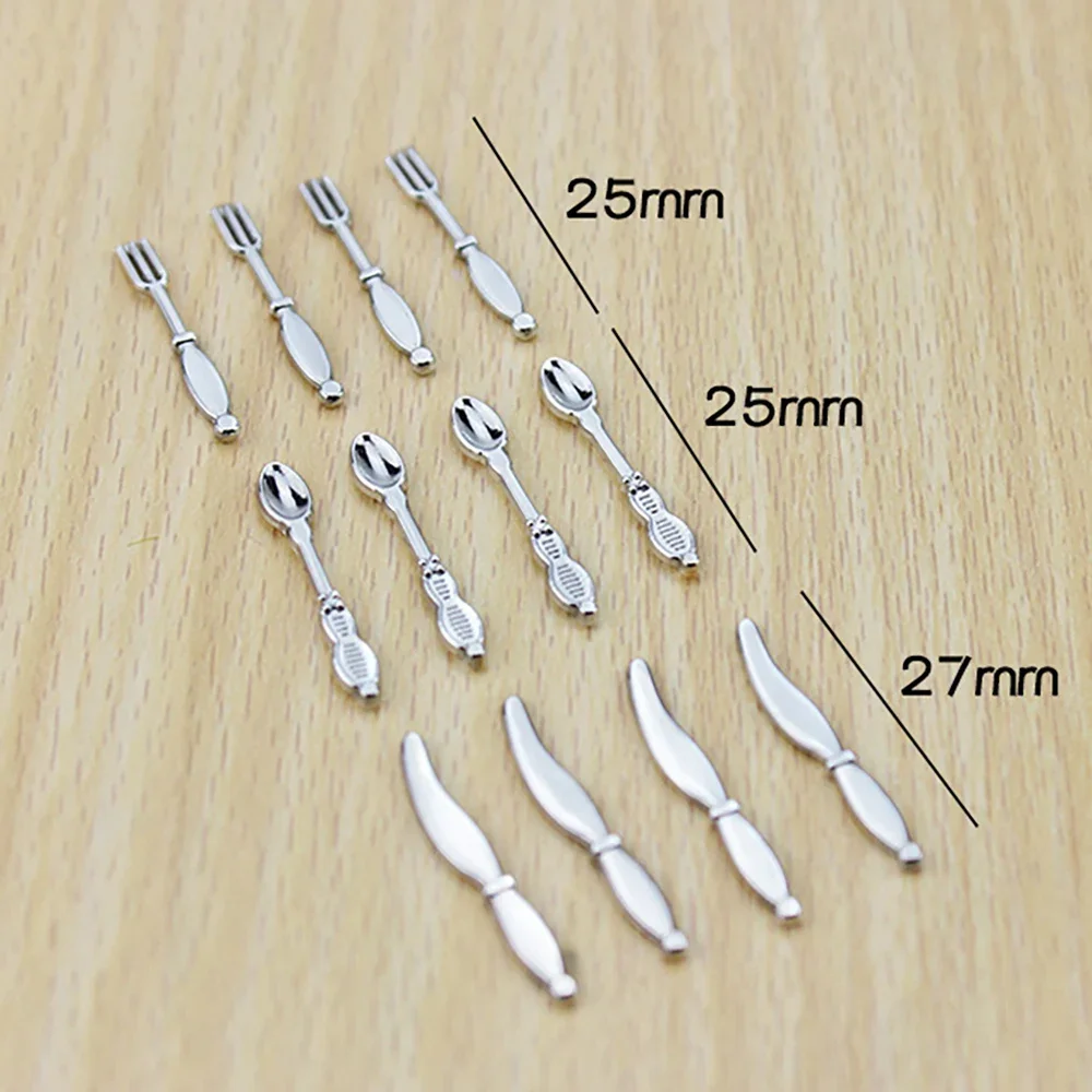 12Pcs 1/12 Doll House Miniature Metal Knife Fork Spoon Simulation Tableware Model Toys for Mini Decoration Dollhouse Accessories