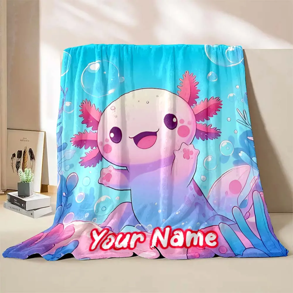 

Personalized Customized Name Blanket Cartoon Axolotls Print Warm and Comfortable Blanket for Sofa Bed Travel Camping Picnic Car