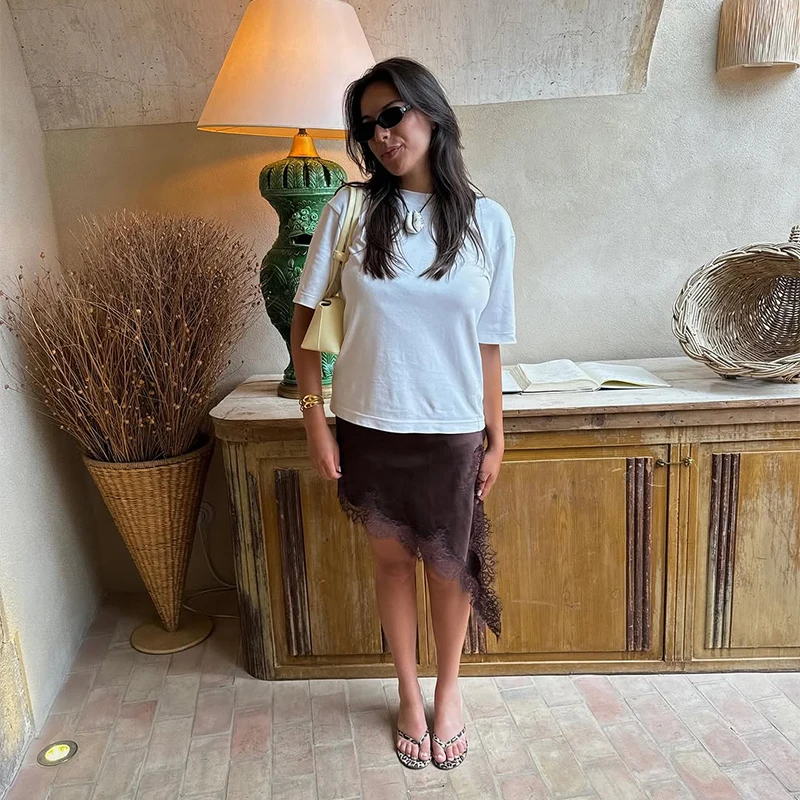 Sólido rendas retalhos midi saia feminina elegante cintura cinched meados de comprimento irregular inferior senhora 2026 festa diária saias de rua novo