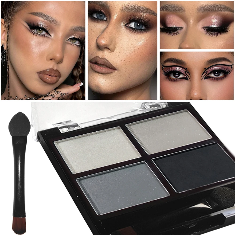 Paleta de sombra de ojos de 4 colores, maquillaje ahumado gris y negro, Base iluminadora de gusano de seda nacarado mate, imprimación de ojos en polvo con aplicación