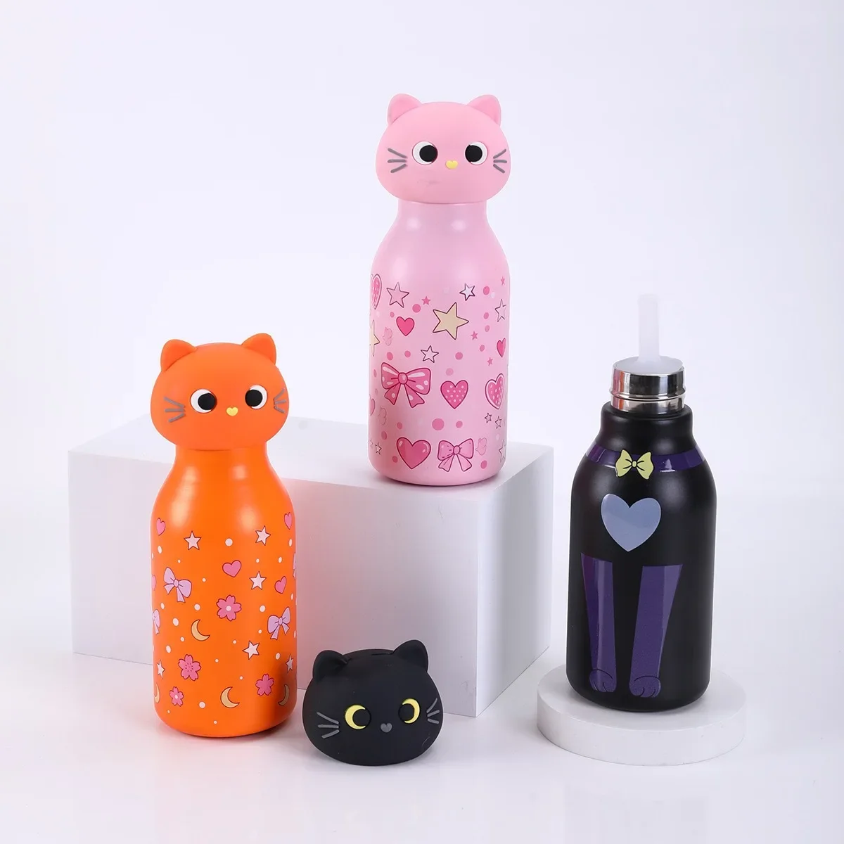 Insulated Stainless Steel Water Bottle with Cat Detachable Soft Head Cartoon Cat Shaped Thermos Bottle With Straw For Kids view 5