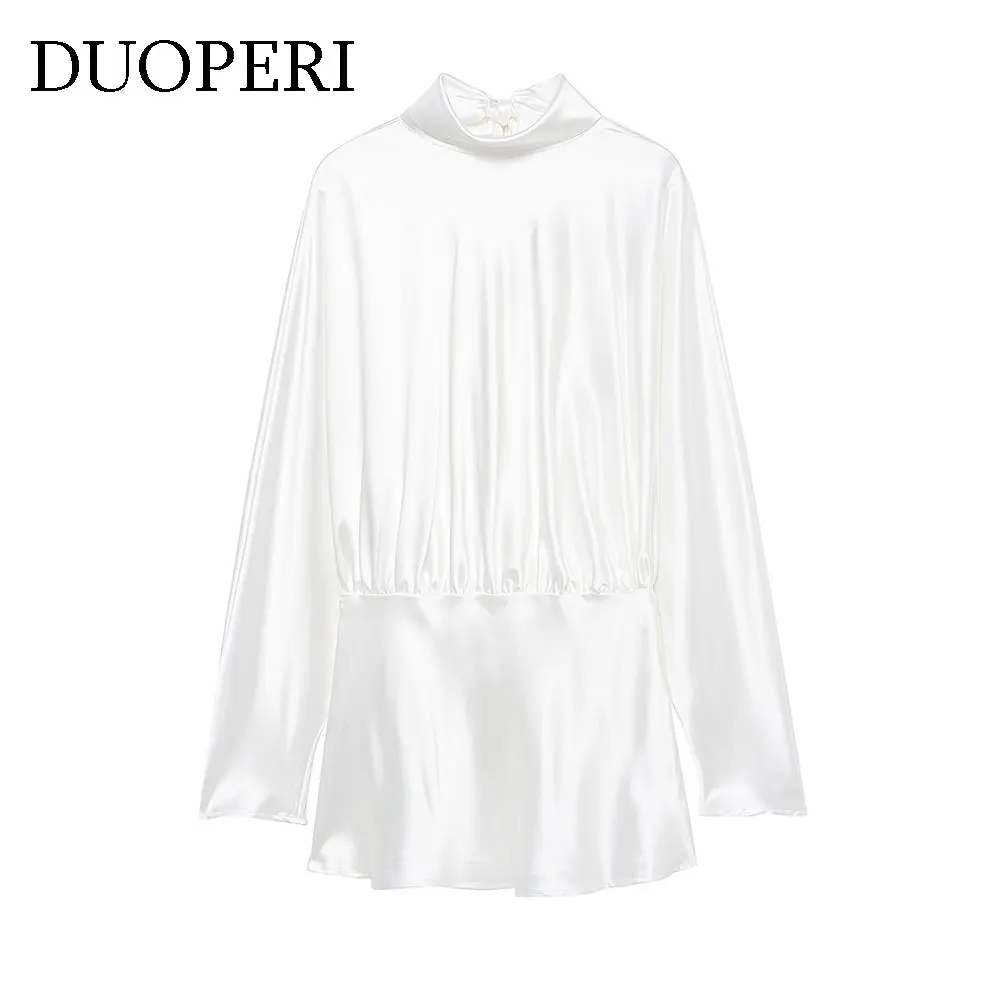 فستان نسائي قصير من الساتان الأبيض من DUOPERI بفيونكة خلفية وأربطة ورقبة عالية وأكمام طويلة فساتين نسائية أنيقة وأنيقة #1