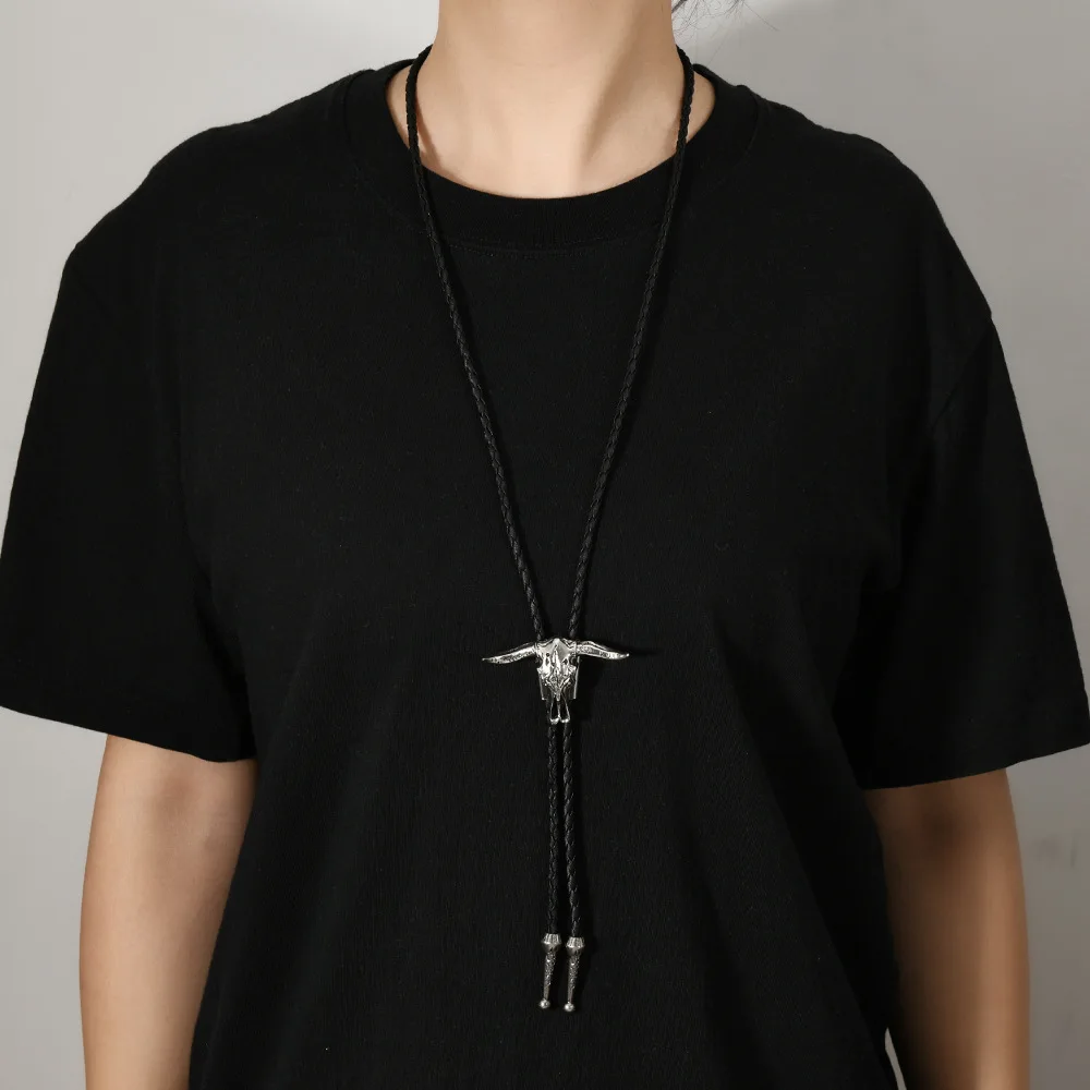 Stainless Steel Bolo Tie for Men Woman Cowboy Hat Cross Viking Runes Wolf Hammer Goat Skull Black Onyx Knight Leather Necktie