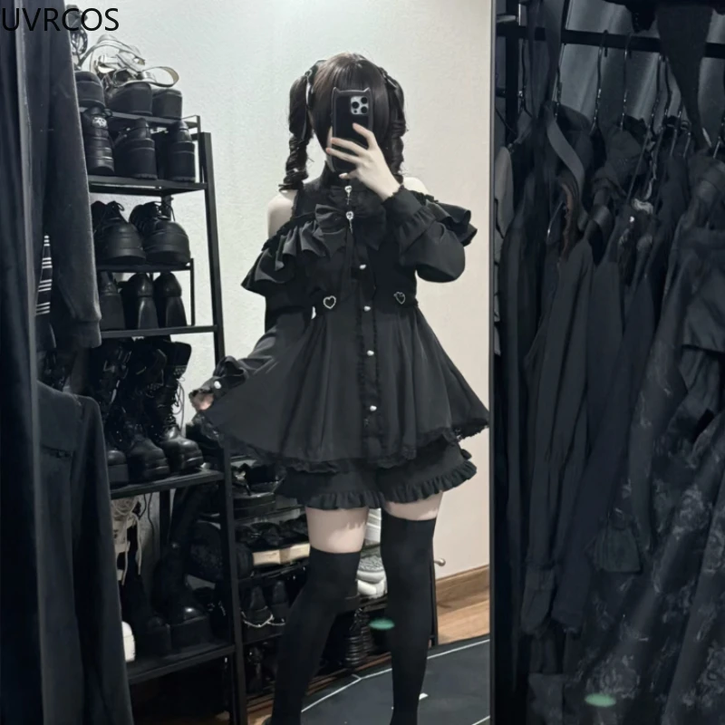 اليابانية القوطية Y2k لوليتا نمط القوس فستان مجموعة تي شيرتات قصيرة للأطفال النساء الدانتيل الكشكشة قبالة الكتف زر قمصان فستان الحلو سليم فستان الحفلات