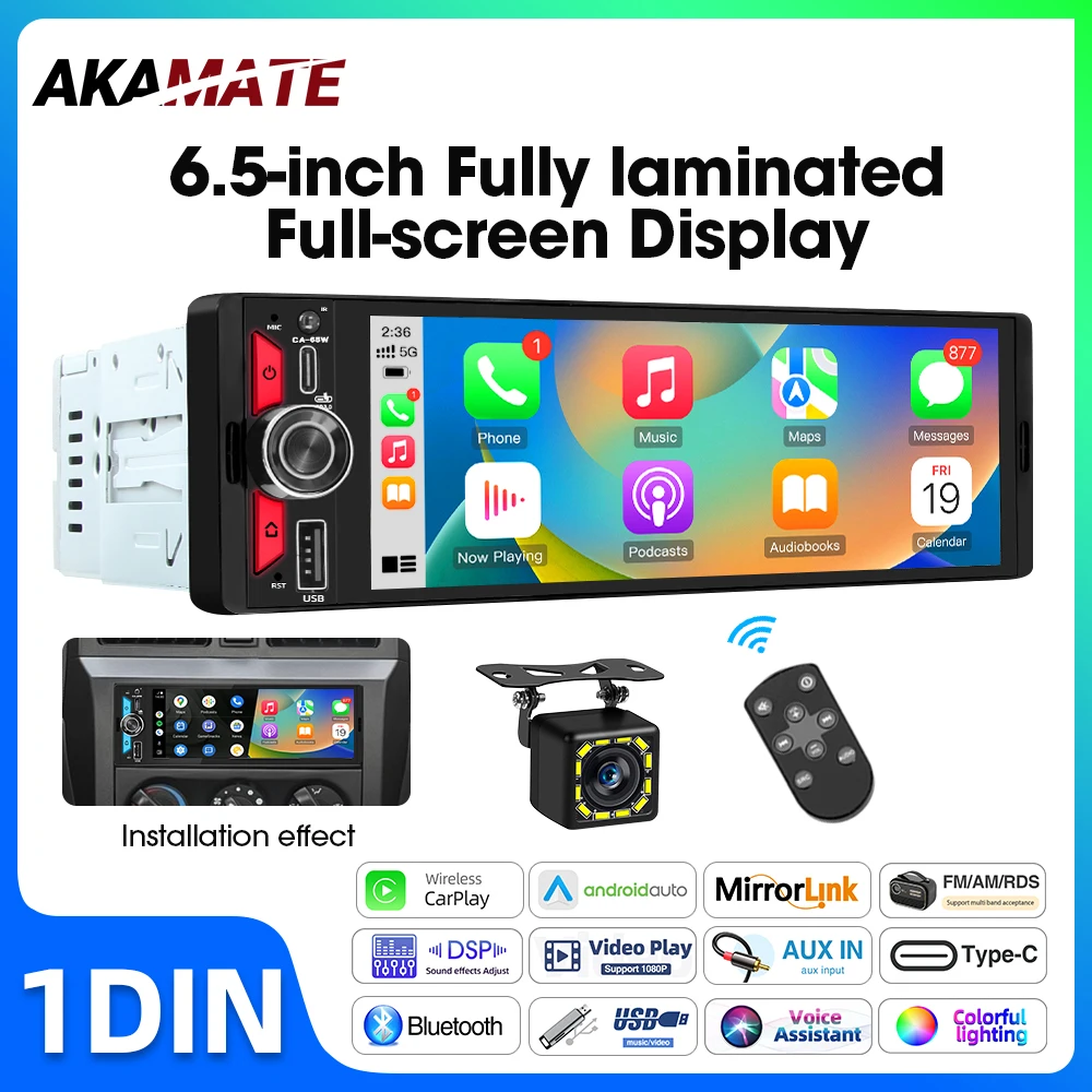 

6.5 Inch Car Radio 1Din Carplay Android Auto Mirrorlink Bluetooth FM AM RDS EQ AUX Touch Screen Universal Autoradio Stereo MP5