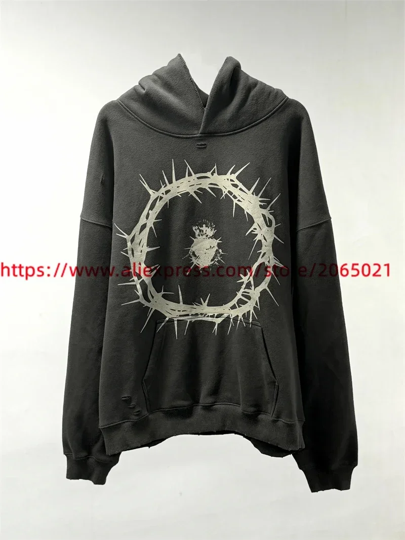 Vintage Washed Thorn Print Hoodie Men Women 1:1 High Quality Hooded Pullovers