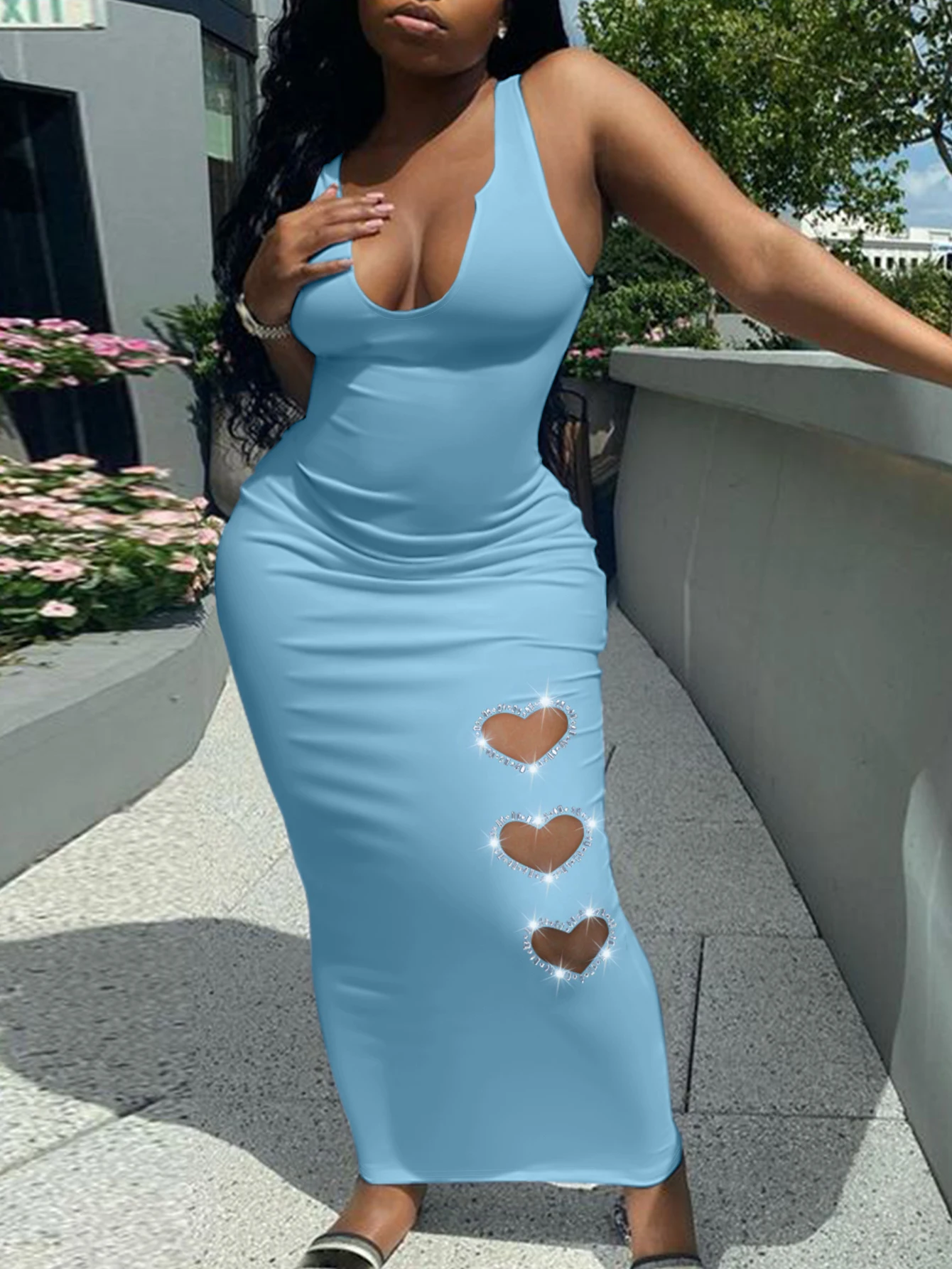 LW Plus Size Heart Decor Bodycon Cami Dress Women Spring Summer Solid Color Sleeveless U Neck Ankle Length Party Dress Vestidos